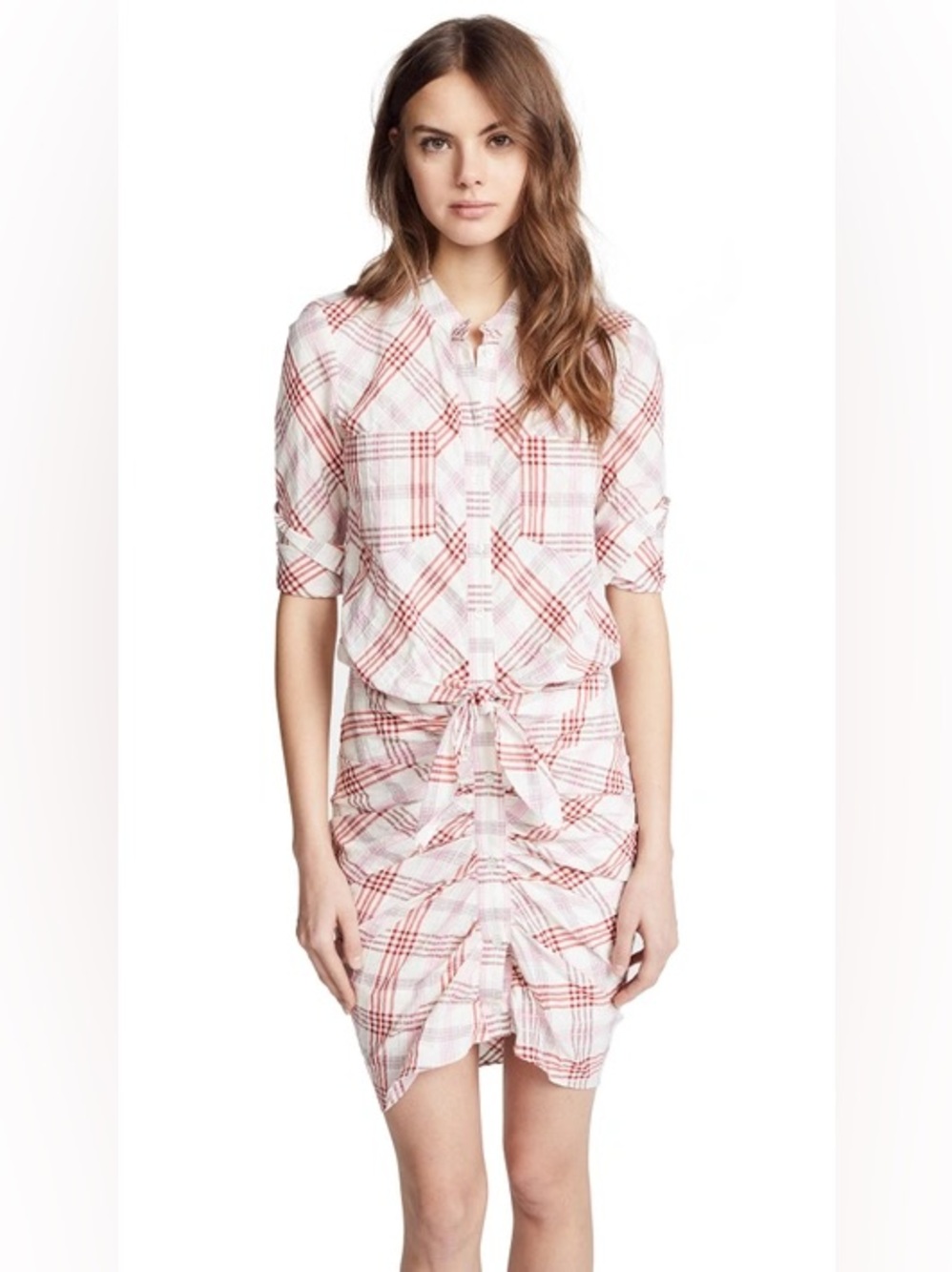 VERONICA BEARD DELLA PLAID TIE FRONT LONG SLEEVE BUTTON DOWN DRESS